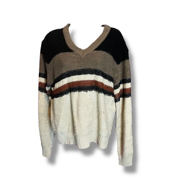 Vintage Striped Knit Sweater Neutral Earth Tones V-Neck Size L - Picture 2 of 9